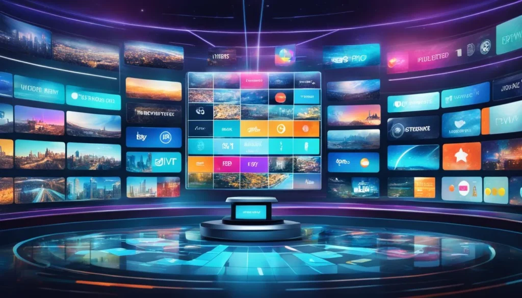 Tableau de bord futuriste montrant des dizaines de vignettes de chaînes et d’applications de streaming sur de grands écrans incurvés, illustrant le concept de meilleure application IPTV.